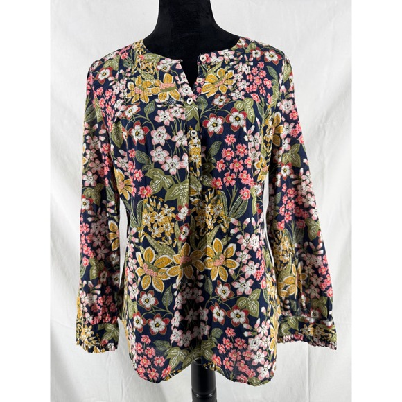 Talbots Tops - Talbots Petite Navy Floral Cotton Button Front Blouse Long Sleeve Top‎ LP